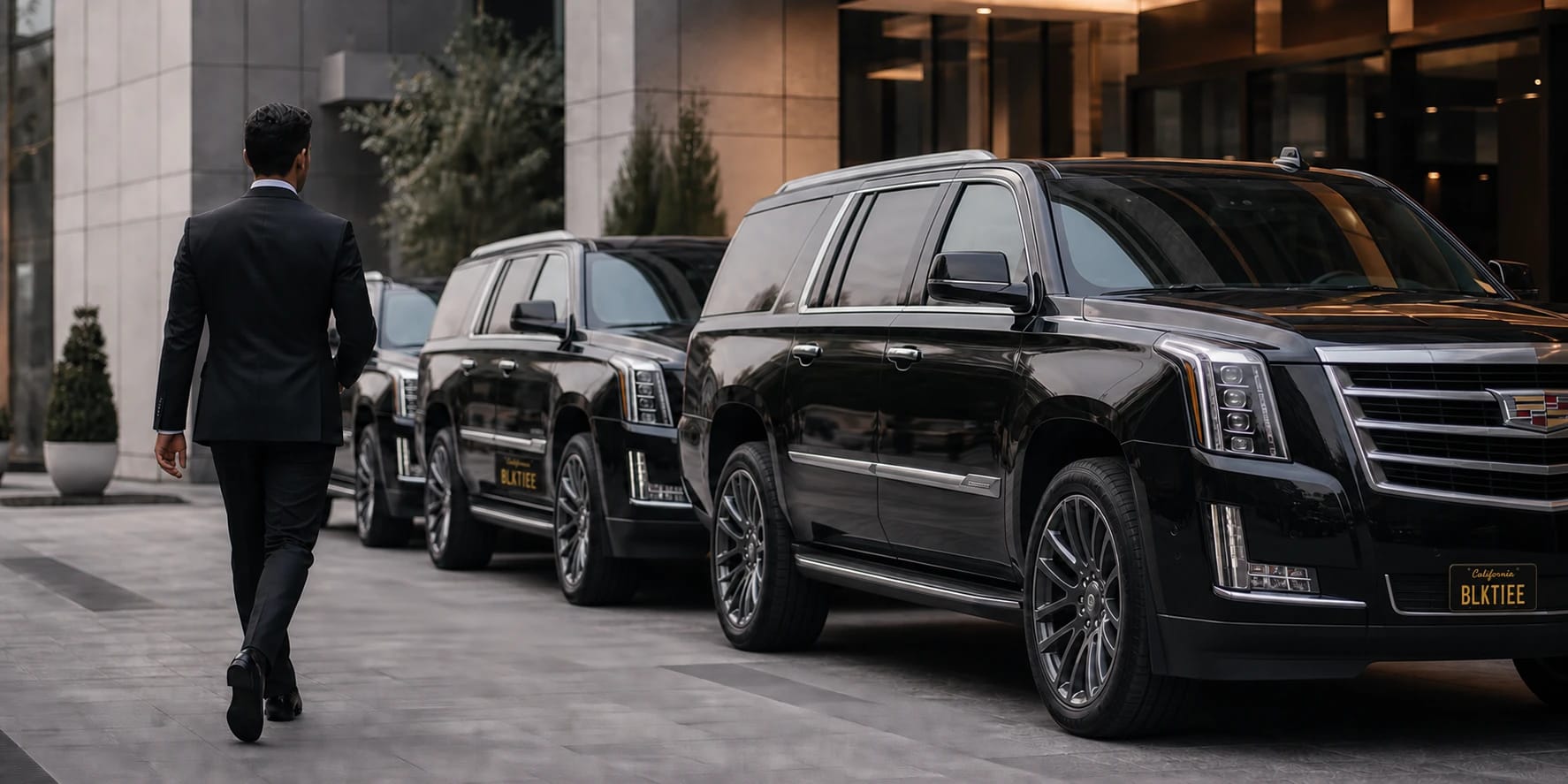 A line of black Cadillac Escalades arriving outside a luxury hotel