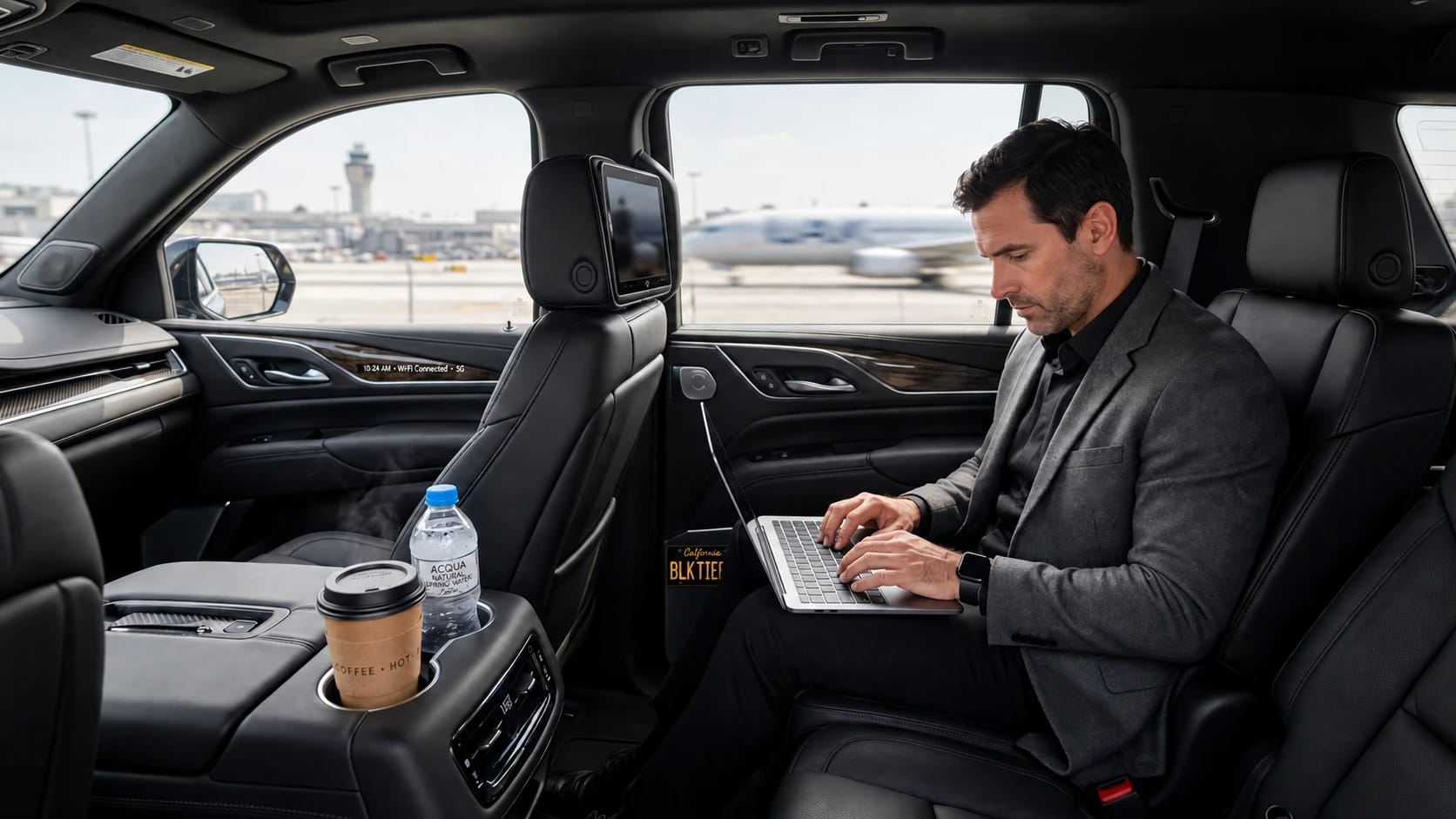A passenger working on a laptop in the black leather Escalade cabin with a front headrest monitor