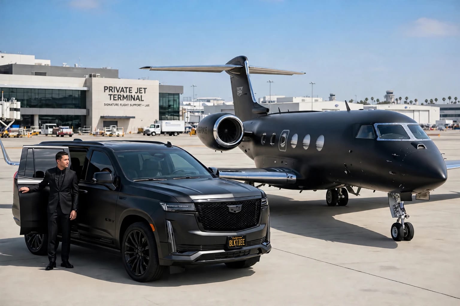 A Black Tie Escalade waiting on the tarmac beyond an aircraft window